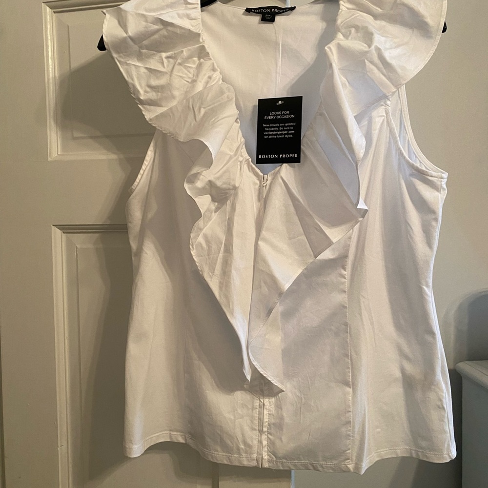 Boston Proper white sleeveless zip front ruffle collar blouse